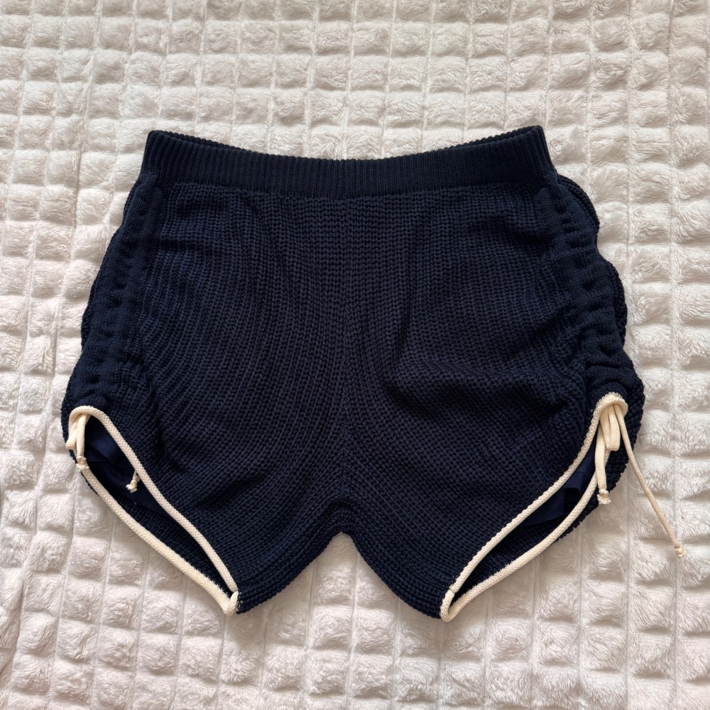 NEW Miou Muse Large Sailor Navy Blue Knit Sweater Shorts Gathered Sides